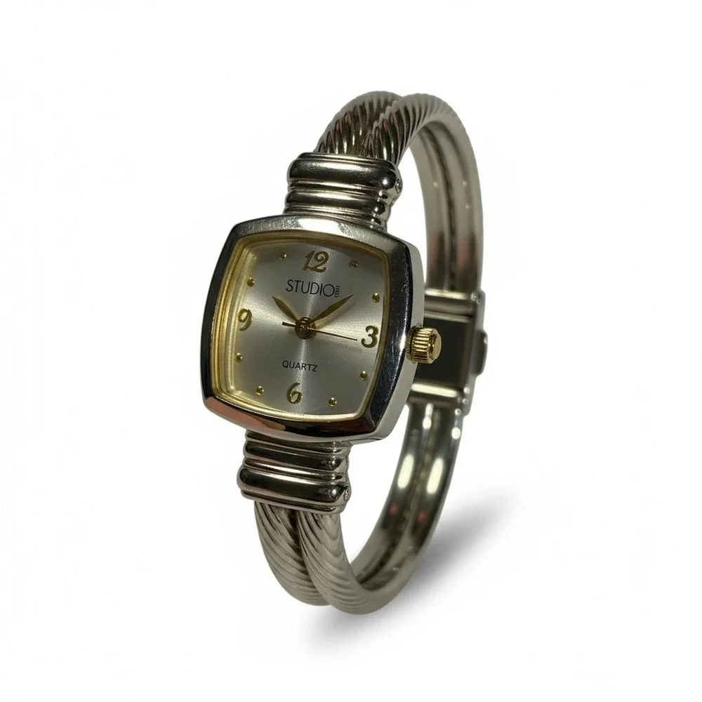 Studio‎ Time Watch Silver Tone Cable Cuff Bracelet Quartz Ladies Wristwatch